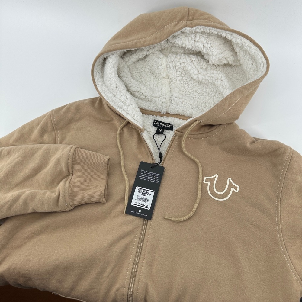 $164 NWT True Religion Mens LG True Sherpa Full Zip Hoodie Travertine Tan Buddha